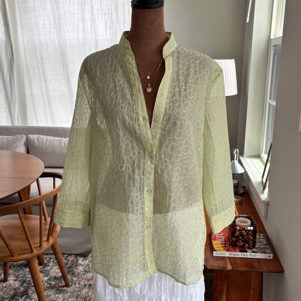90s Vintage Karen Arnold Semi Sheer Green Beaded Top Button Up Embroidered Large